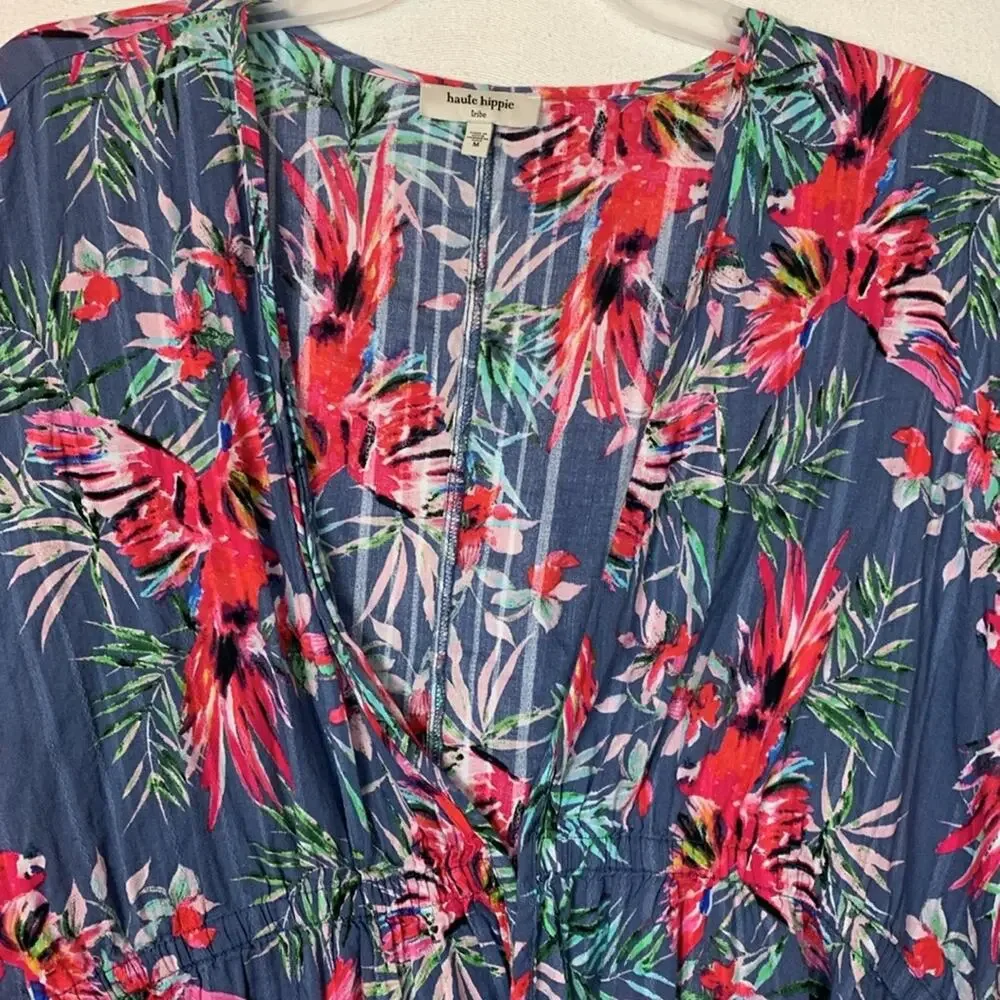 Haute Hippie women's medium swim cover kimono top floral blue tropical Hawaiian